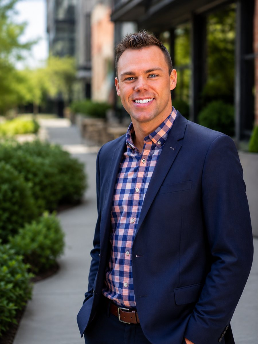 Andrew Schwantes, smiling, in a navy blazer and checkered shirt